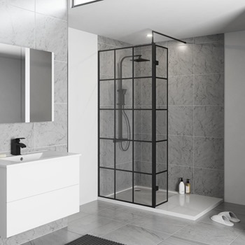 700mm Black Frame Wetroom Panel 8mm x 1950mm (with support arm)