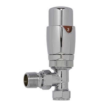 Essential THERMOSTATIC Radiator Valves; Angled Valve; 15mm Pipe; Chrome