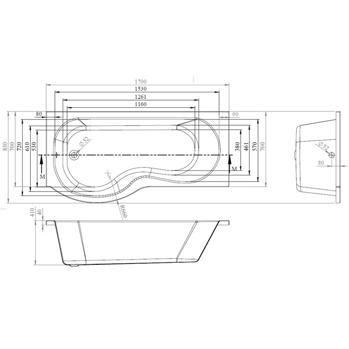 Essential HAMPSTEAD P Shape Left Handed Shower Bath Pack; 1700x900mm; 0 Tap holes; White