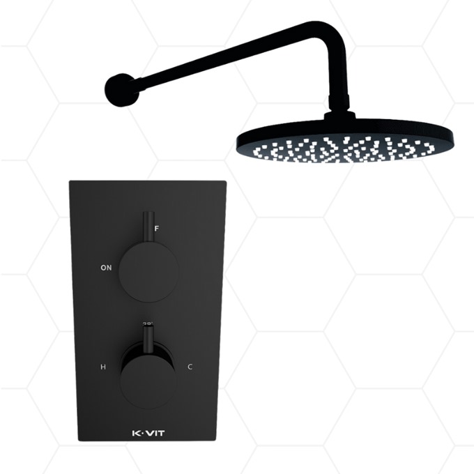 Black Thermostatic Concealed Shower Valve with Round Fixed Wall Arm Drencher