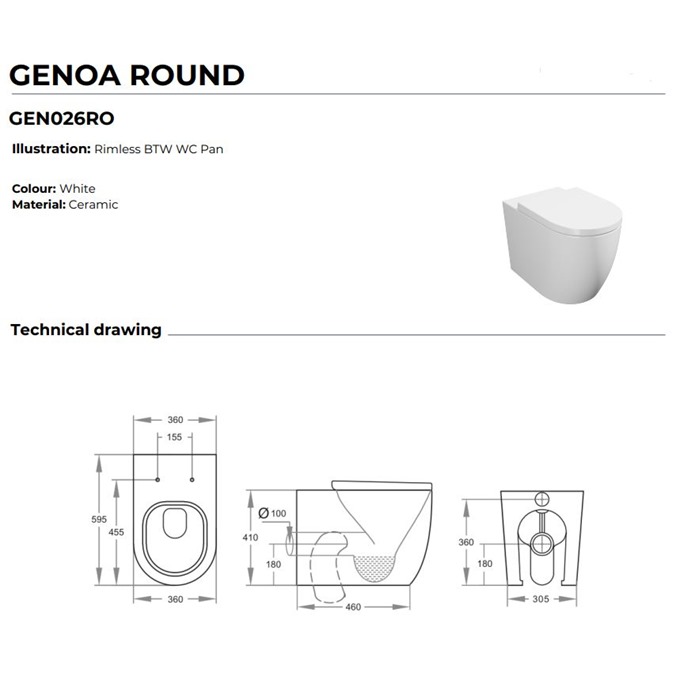 Genoa Round Rimless Back to Wall Pan with Soft Close Seat