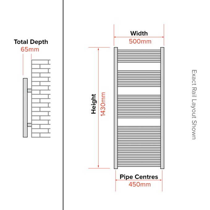 Essential STANDARD Towel Warmer; Straight Tubes; 1430mm High x 500mm Wide; Chrome
