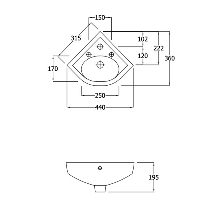 Essential Lily 440mm Corner Basin 1 Tap Hole