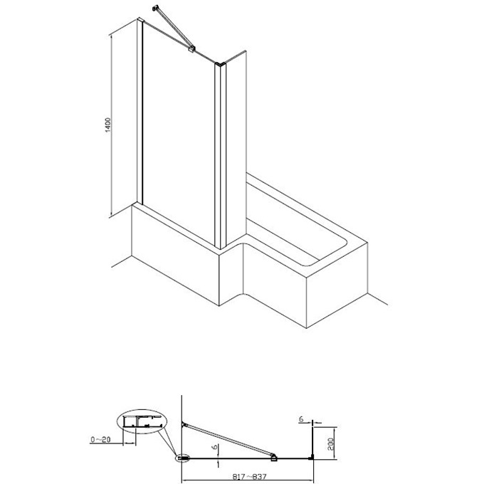 Essential Designer 1400mm x 850mm x 200mm x 6mm L-Shaped Bath Screen - Matt Black