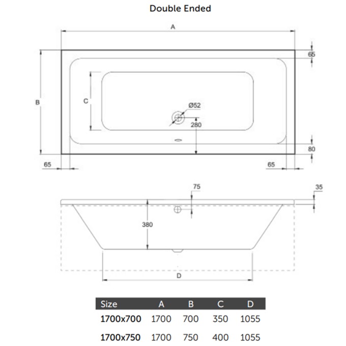 Flow Double Ended Bath 1700 x 750mm