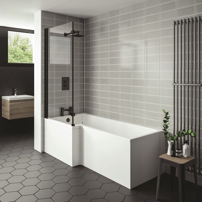 Square Bath Screen with Extension Panel - Black Profile