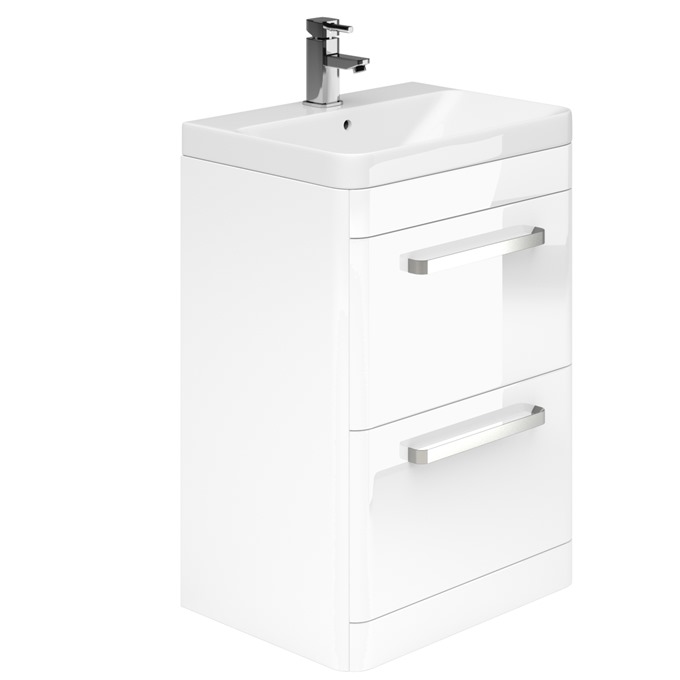 Essential VERMONT Floor Standing Washbasin Unit + Basin; 2 Drawer; 800mm Wide; White Gloss