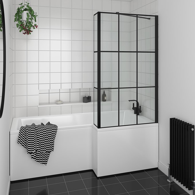 Essential Designer Matrix 1400mm x 850mm x 200mm x 6mm L-Shaped Bath Screen - Matt Black