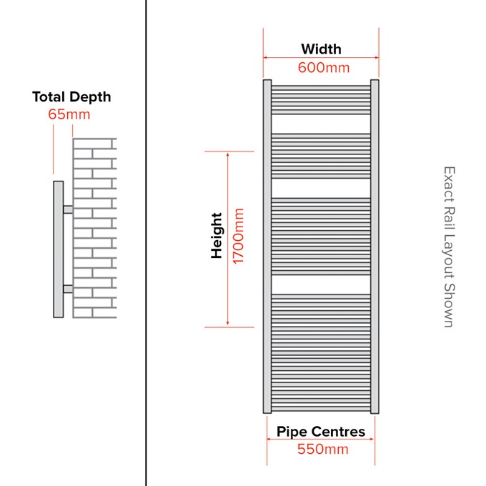 Essential STANDARD Towel Warmer; Curved Tubes; 1700mm High x 600mm Wide; Chrome