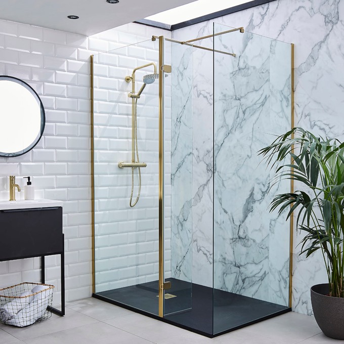 Ocean 8+ 800mm Wetroom Panel with Brushed Brass Profile