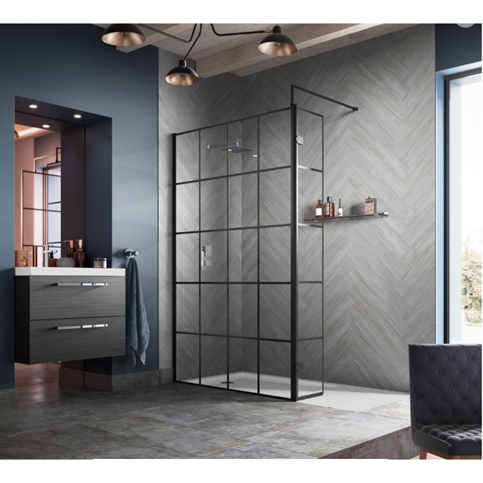 1200mm Black Frame Wetroom Panel 8mm x 1950mm (with support arm)