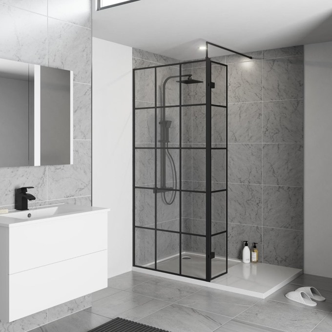 900mm Black Frame Wetroom Panel 8mm x 1950mm (with support arm)