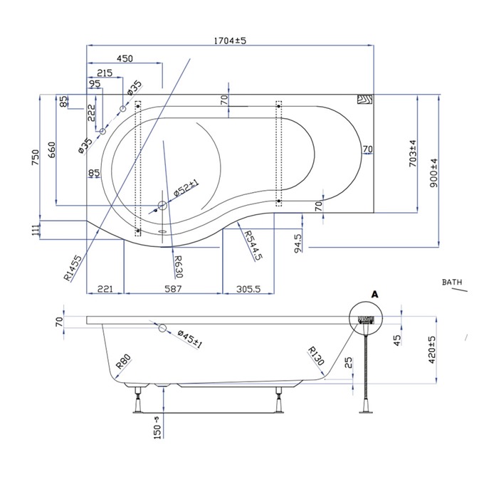 Essential HAMPSTEAD P Shape Left Handed Shower Bath Pack; 1700x900mm; 0 Tap holes; White