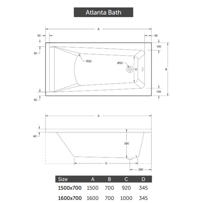 Atlanta Single Ended Bath 1600 x 700mm