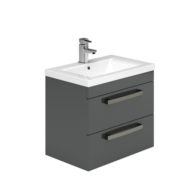 Essential NEVADA Wall Hung Washbasin Unit + Basin; 2 Drawers; 500mm Wide; Grey