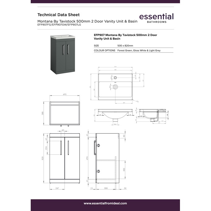 Essential Montana 500mm x 820mm 2 Door Vanity Unit & Basin - Light Grey