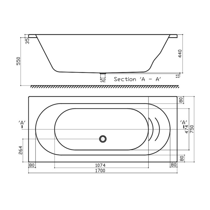 Essential RICHMOND Rectangular Double Ended Bath; 1700x750mm; 0 Tap holes; White