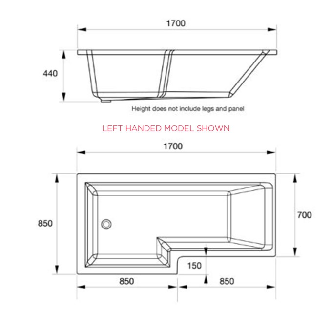 Essential KENSINGTON L Shape Shower Bath Pack; Right Handed; 1700x850mm; 0 Tap holes; White