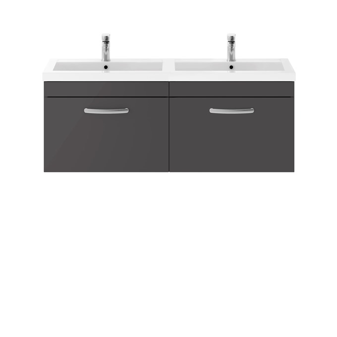 Kinetic 1200 x 383mm Wall Mounted 2 Drawer Unit Gloss Grey with Double Basin
