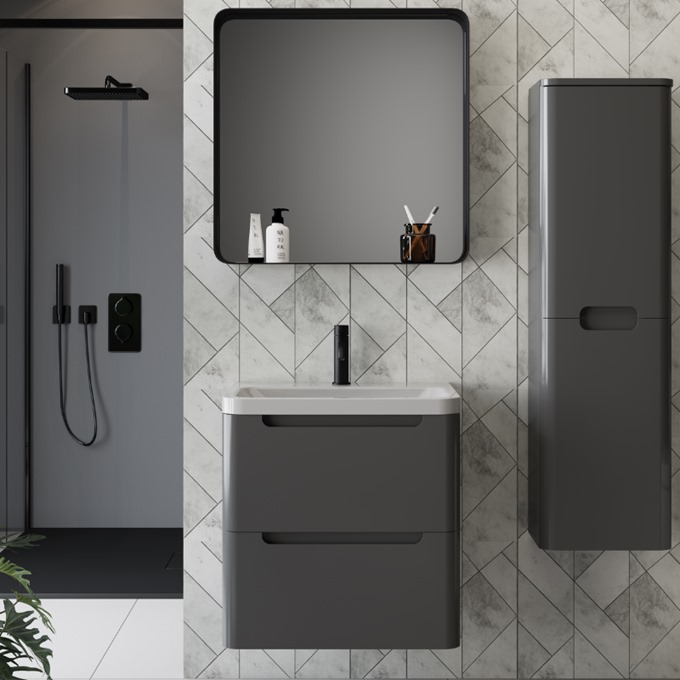Oblina 600mm Wall Mounted 2 Drawer Unit Matt Anthracite with Polymarble Basin
