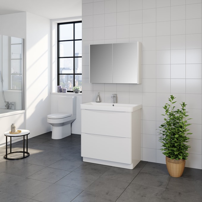 Nevis 600 x 460mm Floor Standing 2 Drawer Unit Gloss White with Basin