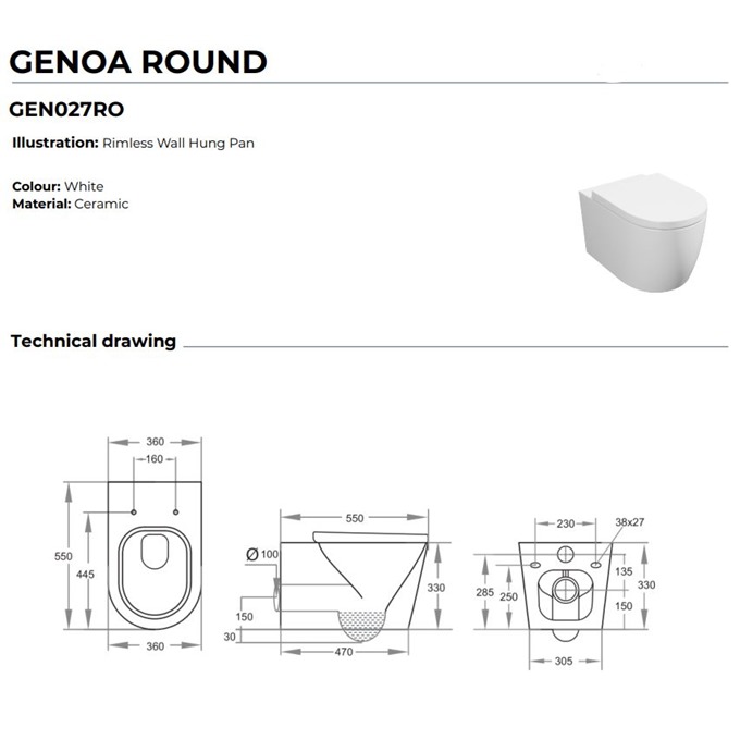 Genoa Round Rimless Wall Hung Pan with Soft Close Seat