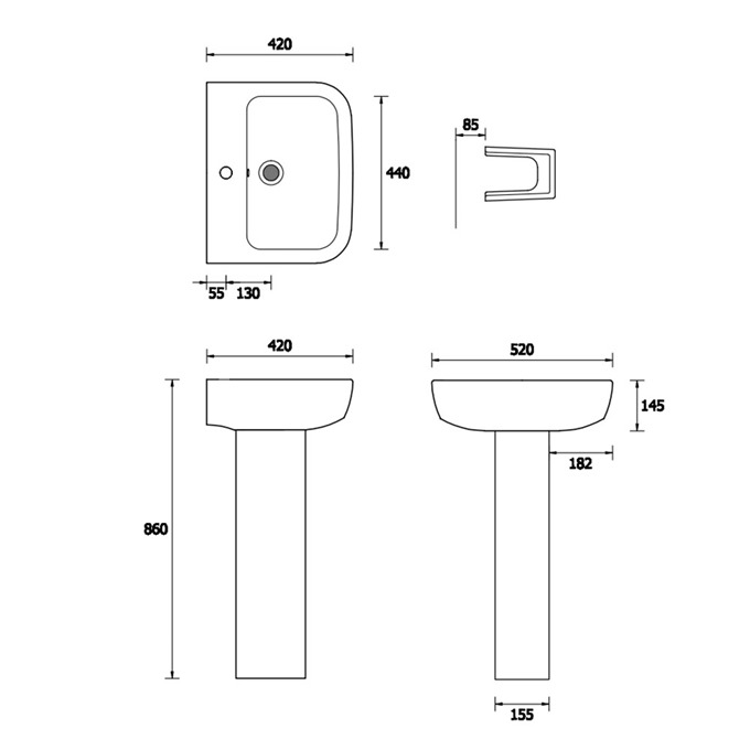 Essential Orchid 520mm Pedestal Basin 1 Tap Hole