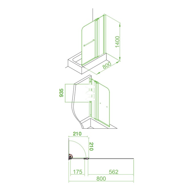 Essential CASCADE Curved Bath Screen; 800mm Wide x 1400mm High; 5mm Glass