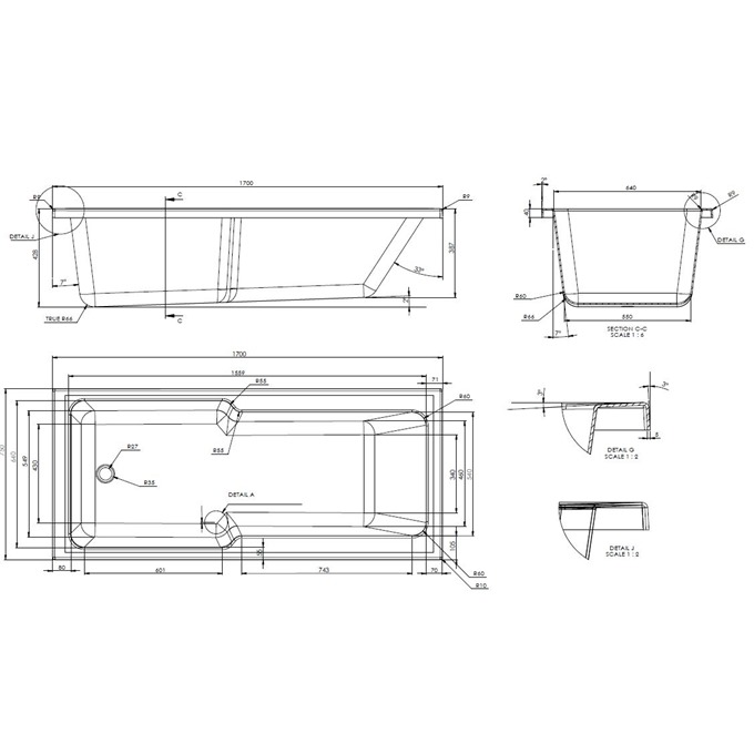 Essential Newham Straight Showerbath 1700 X 750