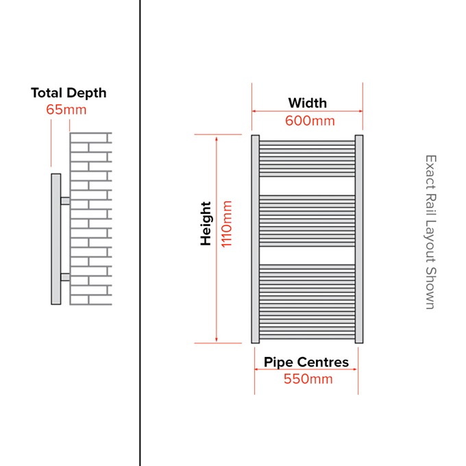 Essential STANDARD Towel Warmer; Straight Tubes; 1110mm High x 600mm Wide; Chrome