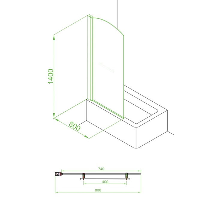 Essential TWILIGHT Sail Bath Screen; 800mm Wide x 1400mm High; 6mm Glass