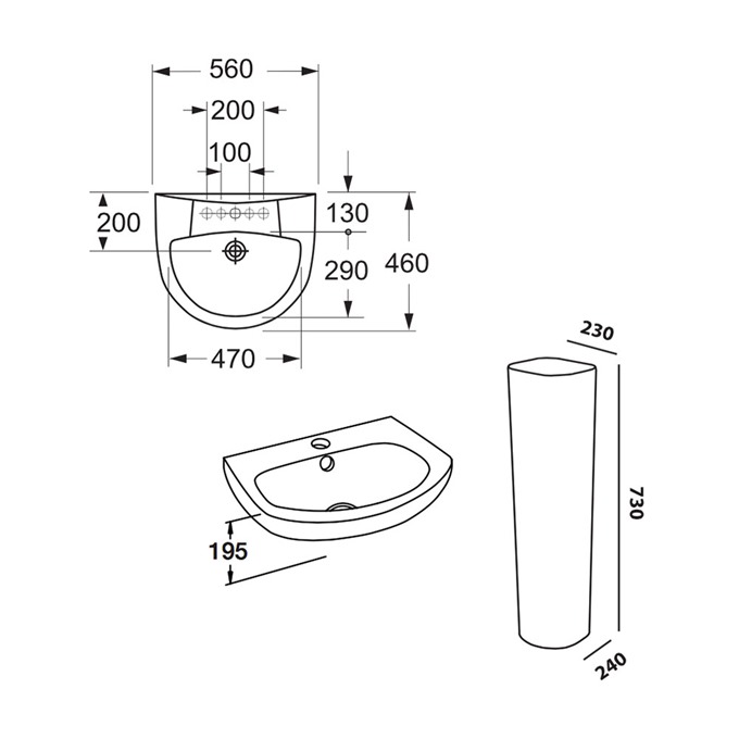 Essential OCEAN Basin + Full Pedestal Pack; 560mm Wide; 2 Tap Holes; White