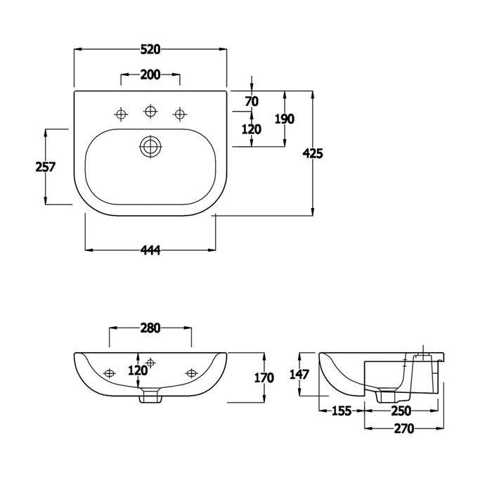 Essential Lily 520mm Semi Recessed Basin 1 Tap Hole