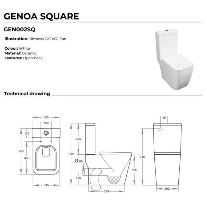 Genoa Square Rimless C/C Pan with Cistern and Soft Close Seat