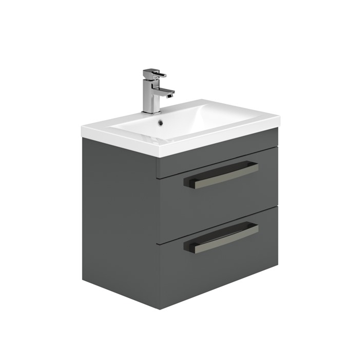 Essential NEVADA Wall Hung Washbasin Unit + Basin; 2 Drawers; 600mm Wide; Grey