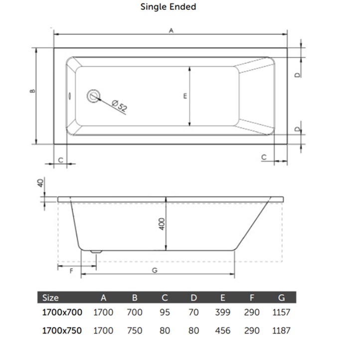 Flow Single Ended Bath 1700 x 750mm