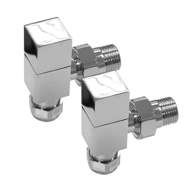 Essential SQUARE Radiator Valves; Angled Valve; 15mm Pipe; Chrome