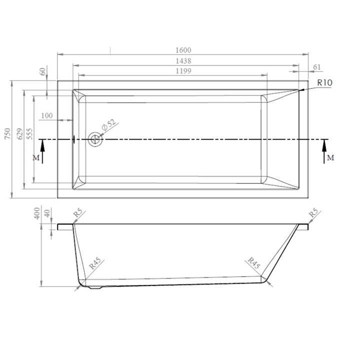 BC Designs Durham 1600mm x 750mm Single Ended Bath - White