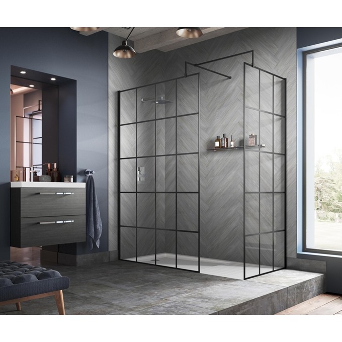 800mm Black Frame Wetroom Panel 8mm x 1950mm (with support arm)