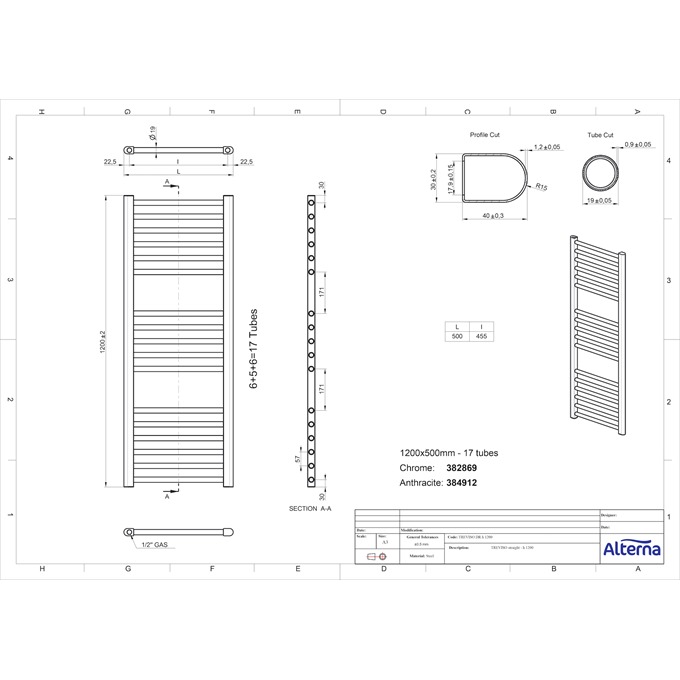 essential treviso 1200 x 500 straight anthracite Towel Warmer