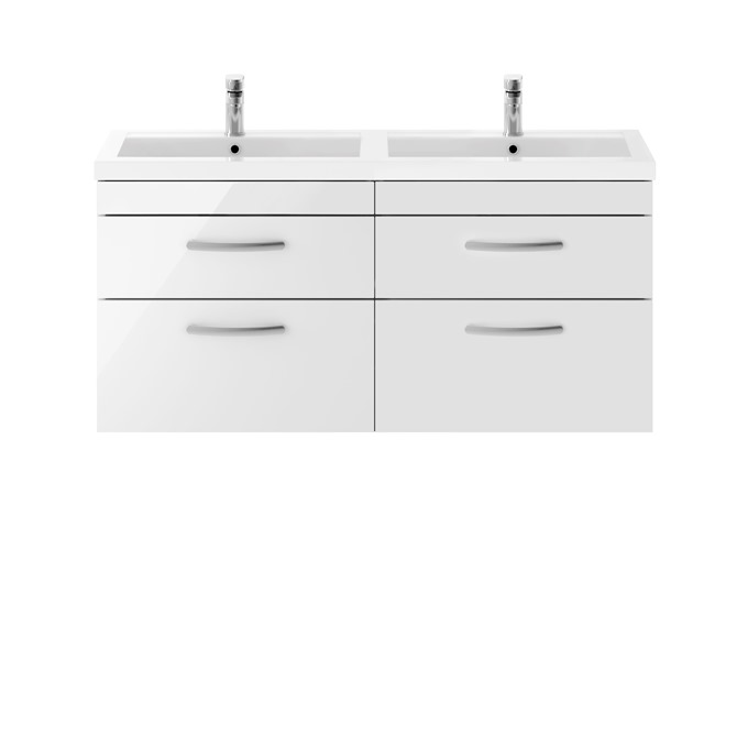Kinetic 1200 x 383mm Wall Mounted 4 Drawer Unit Gloss White with Double Basin