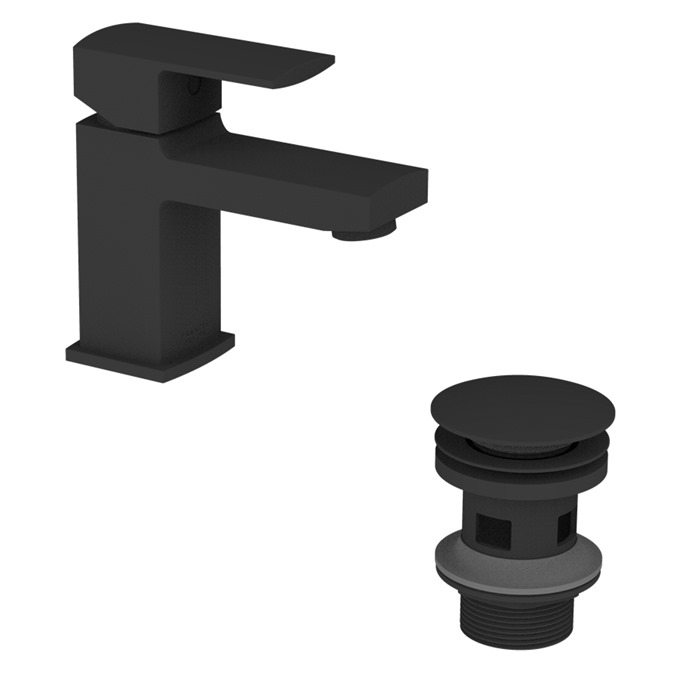 Essential Paron Matt Black Mono Basin Mixer With Click Waste 1 Tap Hole Matt Black