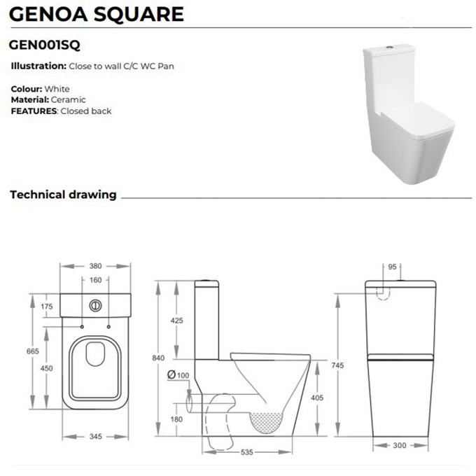 Genoa Square Close to Wall C/C Pan with Cistern and Soft Close Seat