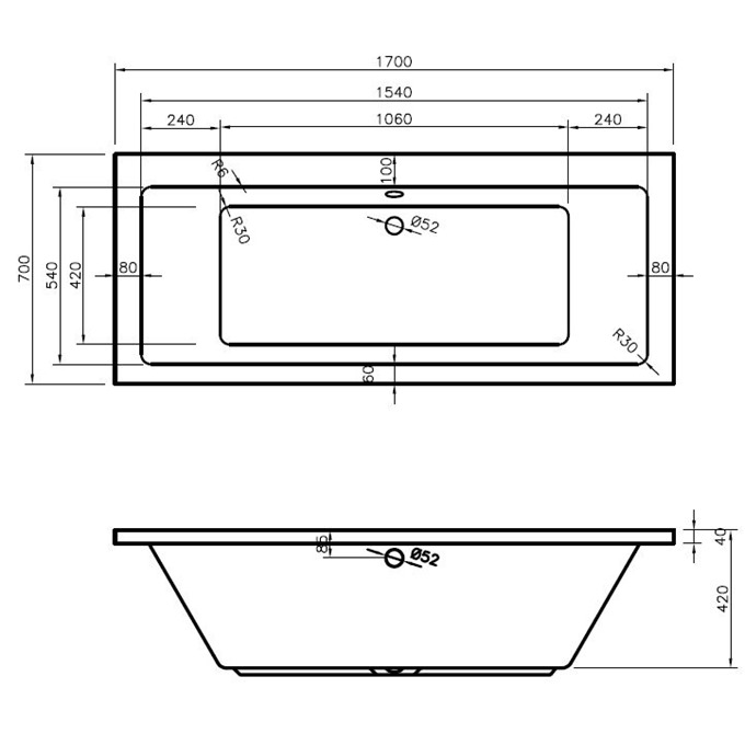 BC Designs Durham 1700mm x 700mm Double Ended Bath - White