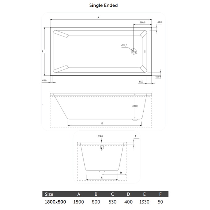 Infinity Single Ended Bath 1800 x 800mm